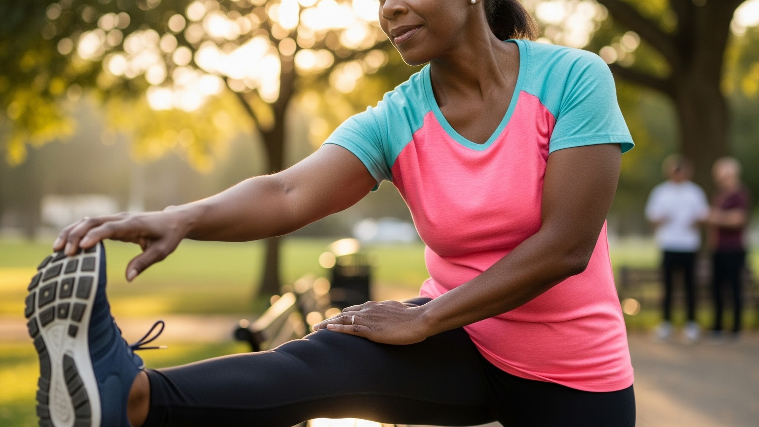 Black woman runner stretching outdoors as part of a mobility and injury recovery routine