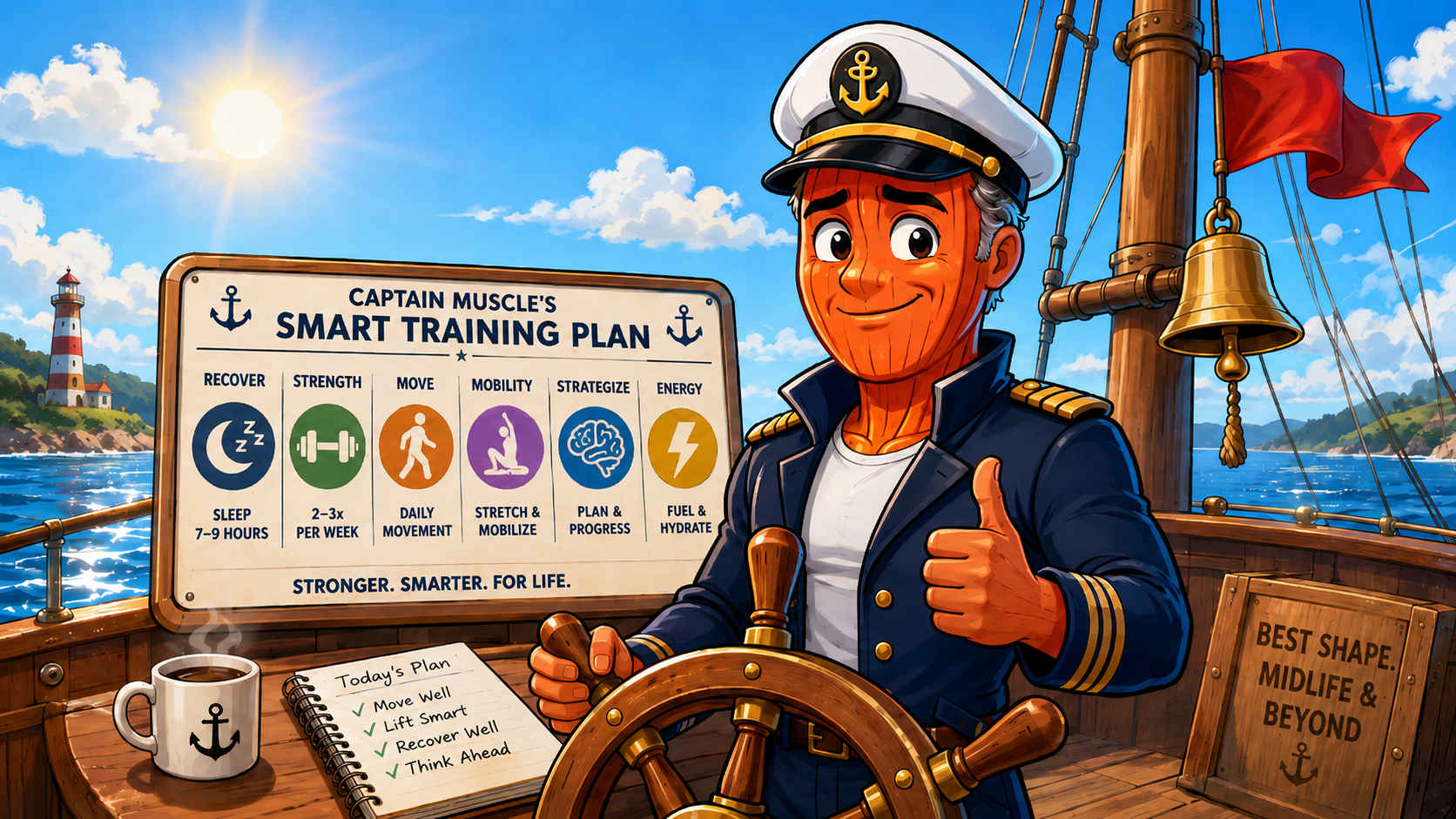 Illustrated 'Captain Muscle' character looking healthy with a smart training plan for midlife and beyond.