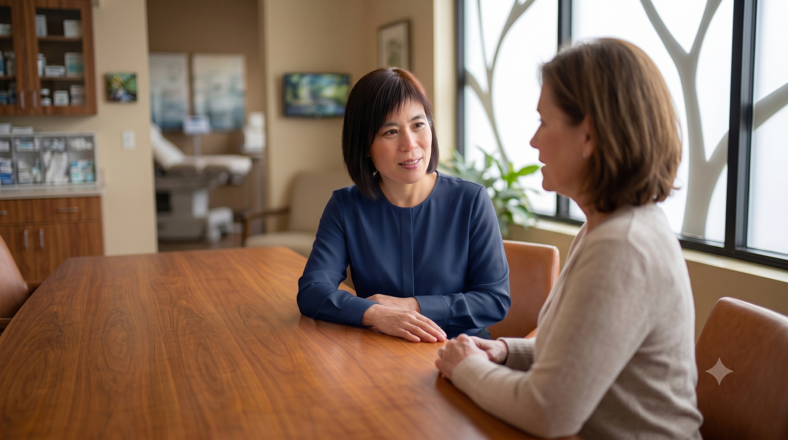 Dr. Mikiko Murakami in an unhurried consultation with a patient, discussing an individualized treatment plan