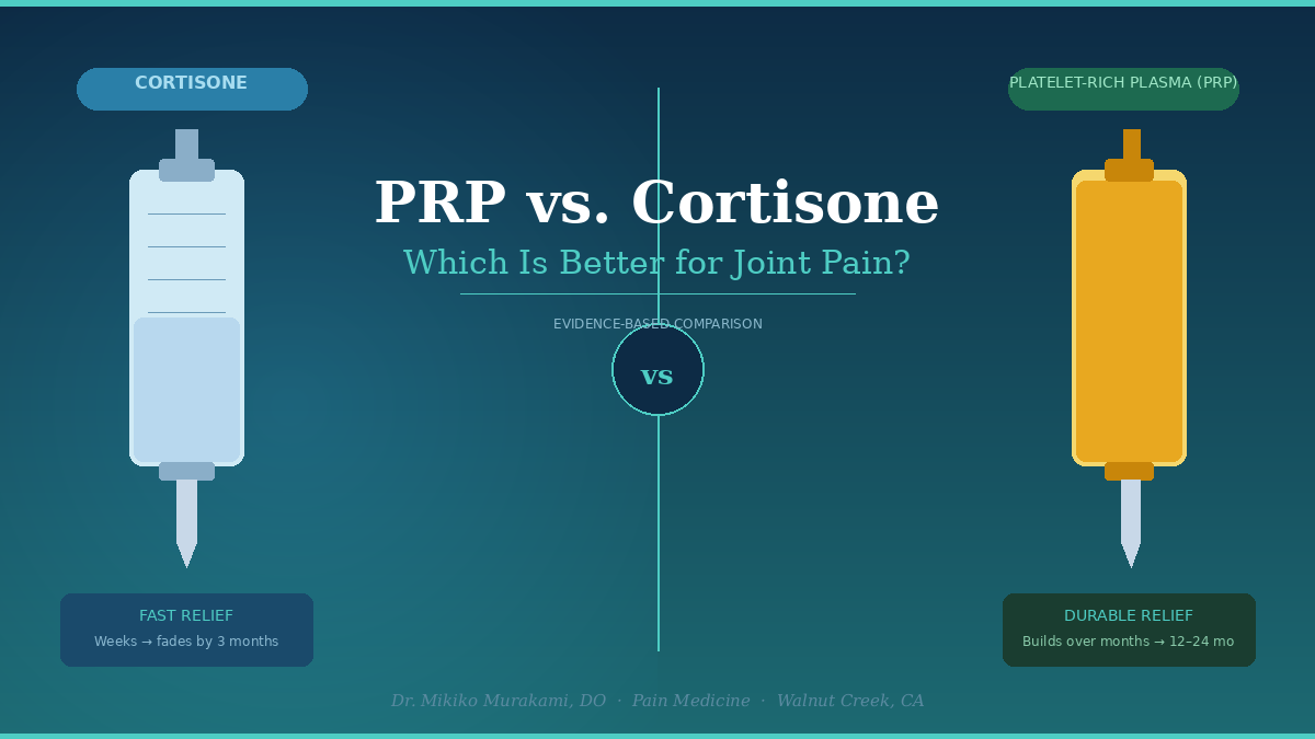 Two syringes comparing PRP injection versus cortisone shot for joint pain treatment — Walnut Creek, CA