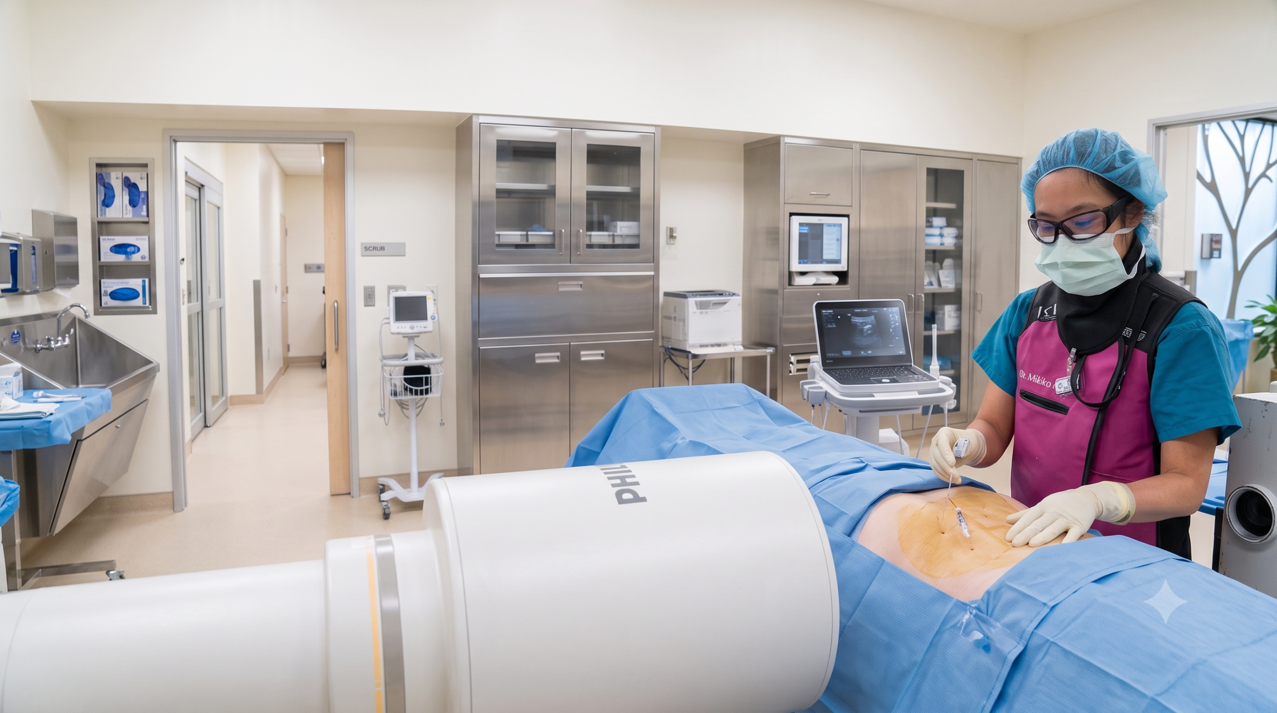Dr. Mikiko Murakami performing an image-guided spine and joint injection using fluoroscopic guidance in an ambulatory surgery center