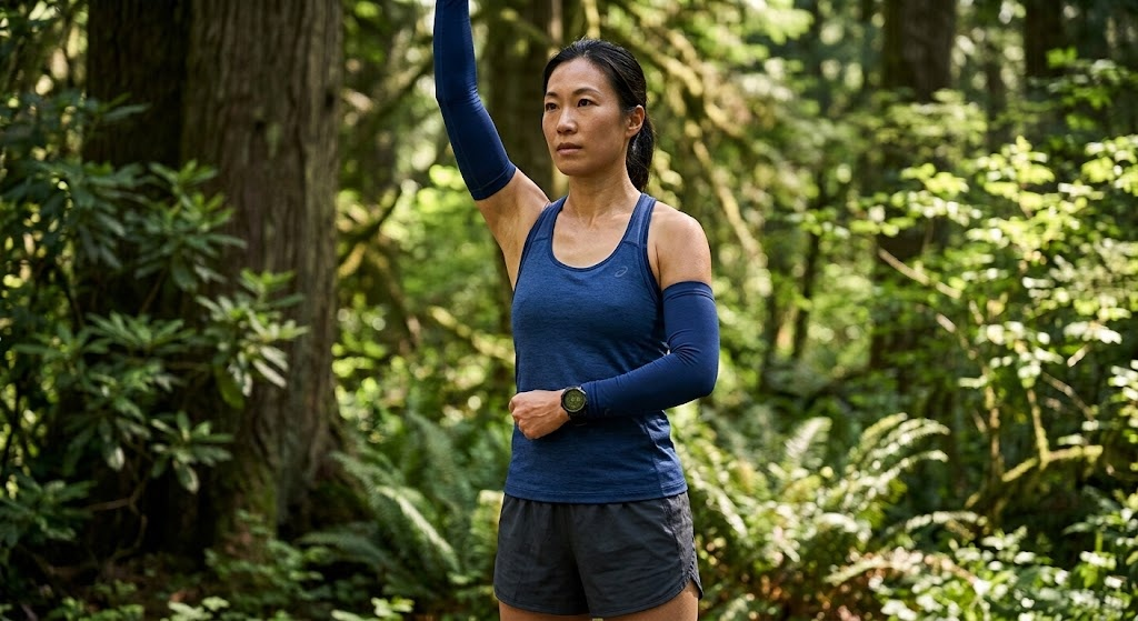 Alt Text: Asian woman in blue athletic wear lifting her right arm overhead in a forest setting, demonstrating restored shoulder mobility and range of motion.